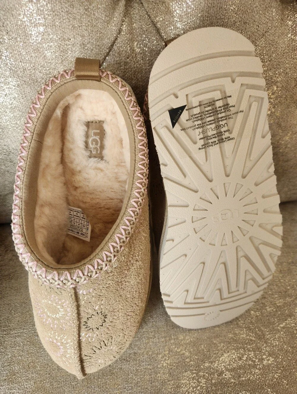 Kids Cozy Slip-On Suede Mules in Beige with Pink Trim